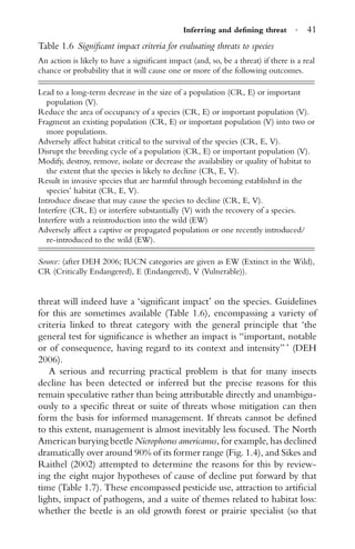 Inferring and deﬁning threat · 41
Table 1.6 Signiﬁcant impact criteria for evaluating threats to species
An action is likely to have a signiﬁcant impact (and, so, be a threat) if there is a real
chance or probability that it will cause one or more of the following outcomes.
Lead to a long-term decrease in the size of a population (CR, E) or important
population (V).
Reduce the area of occupancy of a species (CR, E) or important population (V).
Fragment an existing population (CR, E) or important population (V) into two or
more populations.
Adversely affect habitat critical to the survival of the species (CR, E, V).
Disrupt the breeding cycle of a population (CR, E) or important population (V).
Modify, destroy, remove, isolate or decrease the availability or quality of habitat to
the extent that the species is likely to decline (CR, E, V).
Result in invasive species that are harmful through becoming established in the
species’ habitat (CR, E, V).
Introduce disease that may cause the species to decline (CR, E, V).
Interfere (CR, E) or interfere substantially (V) with the recovery of a species.
Interfere with a reintroduction into the wild (EW)
Adversely affect a captive or propagated population or one recently introduced/
re-introduced to the wild (EW).
Source: (after DEH 2006; IUCN categories are given as EW (Extinct in the Wild),
CR (Critically Endangered), E (Endangered), V (Vulnerable)).
threat will indeed have a ‘signiﬁcant impact’ on the species. Guidelines
for this are sometimes available (Table 1.6), encompassing a variety of
criteria linked to threat category with the general principle that ‘the
general test for signiﬁcance is whether an impact is “important, notable
or of consequence, having regard to its context and intensity” ’ (DEH
2006).
A serious and recurring practical problem is that for many insects
decline has been detected or inferred but the precise reasons for this
remain speculative rather than being attributable directly and unambigu-
ously to a speciﬁc threat or suite of threats whose mitigation can then
form the basis for informed management. If threats cannot be deﬁned
to this extent, management is almost inevitably less focused. The North
American burying beetle Nicrophorus americanus, for example, has declined
dramatically over around 90% of its former range (Fig. 1.4), and Sikes and
Raithel (2002) attempted to determine the reasons for this by review-
ing the eight major hypotheses of cause of decline put forward by that
time (Table 1.7). These encompassed pesticide use, attraction to artiﬁcial
lights, impact of pathogens, and a suite of themes related to habitat loss:
whether the beetle is an old growth forest or prairie specialist (so that
 
