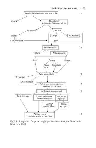 Basic principles and scope · 55
Establish conservation status of taxon
No decline
Monitor
if future decline
Define causes
Anthropogenic
FuturePresent
Continuing
Determine effects
On habitat
On individuals
Define control/management
objectives and actions
Implement management
Conserve
species
Protect and restore
habitat/resources
Control threats
Maintain
current status
Species
recovery
Monitor: refine
management as appropriate
6
5
4
3
2
1
Past
Short
term
Both
Range
Decline
Abundance
‘Threatened’:
Vulnerable, Endangered, etc.
‘Safe’
‘Natural’
Fig. 2.1. A sequence of steps in a single species conservation plan for an insect
(after New 1995).
 