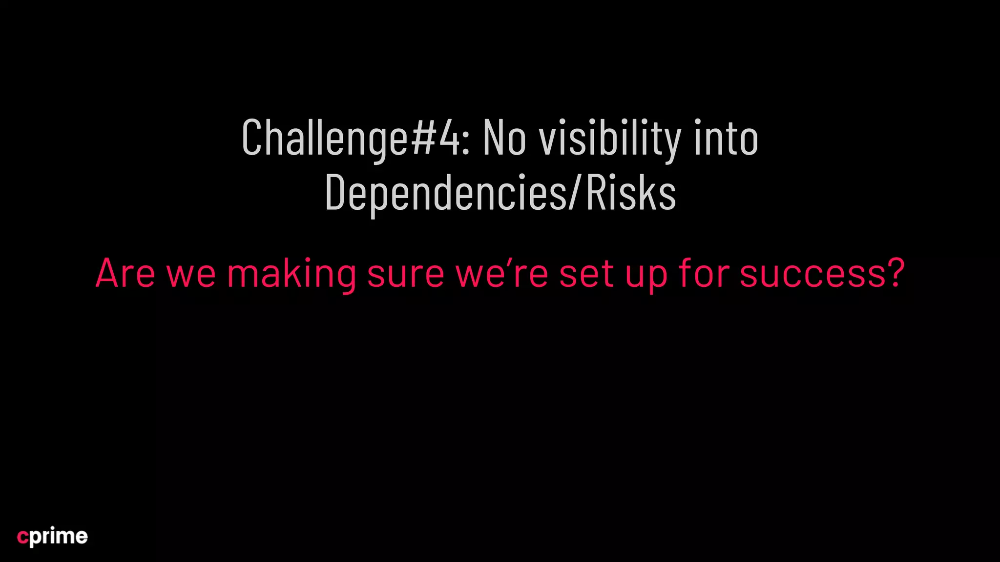 Challenge#4: No visibility into
Dependencies/Risks
Are we making sure we’re set up for success?
 
