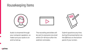 Audio is streamed through
your computer speakers, so
make sure your audio is on
and turned up.
The recording and slides will
be sent to everyone via email
within 24-48 hours after the
webinar concludes.
Submit questions any time
during this presentation via
the Q&A box on the bottom
panel of your screen.
Housekeeping Items
 
