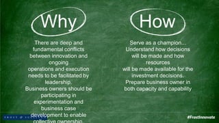 There are deep and
fundamental conflicts
between innovation and
ongoing
operations and execution
needs to be facilitated by
leadership.
Business owners should be
participating in
experimentation and
business case
development to enable
Why How
Serve as a champion...
Understand how decisions
will be made and how
resources
will be made available for the
investment decisions.
Prepare business owner in
both capacity and capability
 