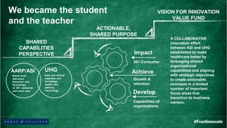 Achieve
Impact
Develop
We became the student
and the teacher
Brand trust.
Advocacy.
Expertise and
Knowledge
of 50+ consumer
and issue area.
Data and clinical
expertise and
knowledge.
Health care
delivery.
Technology.
UHG
50+ Consumer
Growth &
retention
Capabilities of
organizations
SHARED
CAPABILITIES
PERSPECTIVE
ACTIONABLE,
SHARED PURPOSE
VISION FOR INNOVATION
VALUE FUND
A COLLABORATIVE
innovation effort
between ASI and UHG
established to make
healthcare better by
leveraging shared
organizational
capabilities and aligning
with strategic objectives
to create actionable
concepts in a limited
number of important
focus areas that
transition to business
owners.
AARP/ASI
 