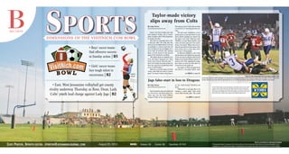 SPORTS
August 29, 2013 INSIDE: Socials, B6Religion, B4 Classifieds, B7-B10CODY PORTER, SPORTS EDITOR, CPORTER@JESSAMINEJOURNAL.COM
dimensions of the visitnich.com bowl
BSECTION
• East, West Jessamine volleyball get county
rivalry underway Thursday as Rose, Dean, Lady
Colts’ youth lead charge against Lady Jags | B2
• Boys’ soccer teams
find offensive success
in Sunday action | B5
• Girls’ soccer teams
face tough talent in
soccerrama | B2
By Cody Porter
cporter@jessaminejournal.com
Senior Colt Devin Taylor ran wild
and rampant Friday, but it wasn't
quite enough to allow West Jessamine
to escape scot-free.
The Colts (0-1) jumped out to a 20-
7 lead just after the half, but late
drives by Scott High School (1-0) and
an inability to convert near the red
zone by West set up the Eagles for a
score with 29 seconds left, earning
them a 21-20 victory in the second
game of the VisitNich.com Bowl.
“We talked about we wanted to be
10-0, and that’s bypassed us,” West
head coach Yancey Marcum said. “I
don’t yell at kids for going as hard as
they can, and I feel we played as hard
as we (could Friday).”
Marcum, in his first game as head
coach, said while his team is “pretty
good,” he doesn’t believe they have a
firm grasp on how to win after posting
a record of 4-17 over the past two sea-
sons.
“We had some confidence, we’re
pretty good, so you saw when we get
them rallied together we started out
the game real well,” Marcum said.
“Halftime, we get them together and
come out there and score two touch-
downs real quick. What scares me is
that the past three or four years, they
don’t know how to win; they don’t
know how to keep going.”
As Marcum alluded to, the Colts
sprinted down the field in the opening
of the two halves with the ball tucked
firmly in the hands of Taylor, whose 54
yards in the Colts’ opening five plays
gave West an early 6-0 lead after he
scored from nine yards out.
And again as West emerged from
the half in a one-point deficit, they
Taylor-made victory
slips away from Colts
Jags false-start in loss to Dragons
By Cody Porter
cporter@jessaminejournal.com
East Jessamine spat and sputtered
to a 30-8 loss to the finely-tuned ma-
chine that was the South Oldham
Dragons Friday in the opening game
of the third-annual VisitNich.com
Bowl.
“Offensively, it was just like a car
missing a spark plug,” East head
coach Mike Bowlin said. “We would
see JAGS on page B3
see COLTS on page B5
PHOTO BY MIKE MOORE/MMOORE@JESSAMINEJOURNAL.COM
Scott High School's Nick Brinkman (3) scored the winning touchdown after being brought down by West's Devin Taylor just
inches into the end zone with 29 seconds left in a 21-20 win during the second game of Friday’s VisitNich.com Bowl.
Use the KY Xtra app on your smart phone on the photo above to see a video
of game action and an interview with West Jessamine head coach Yancey
Marcum. Use the app on the left side of the page to see photos of the Colts’
game against Scott High School. The KY Xtra app can be used on B3 to view
photos and video of East’s game against South Oldham High School.
EMILY
DEAN
PHOTO ILLUSTRATION BY JONATHAN KLEPPINGER
Photographs taken throughout the evening Friday at East Jessamine High School are pieced together in the
background. The photos were taken in daylight during the game between East Jessamine and South Oldham.
 