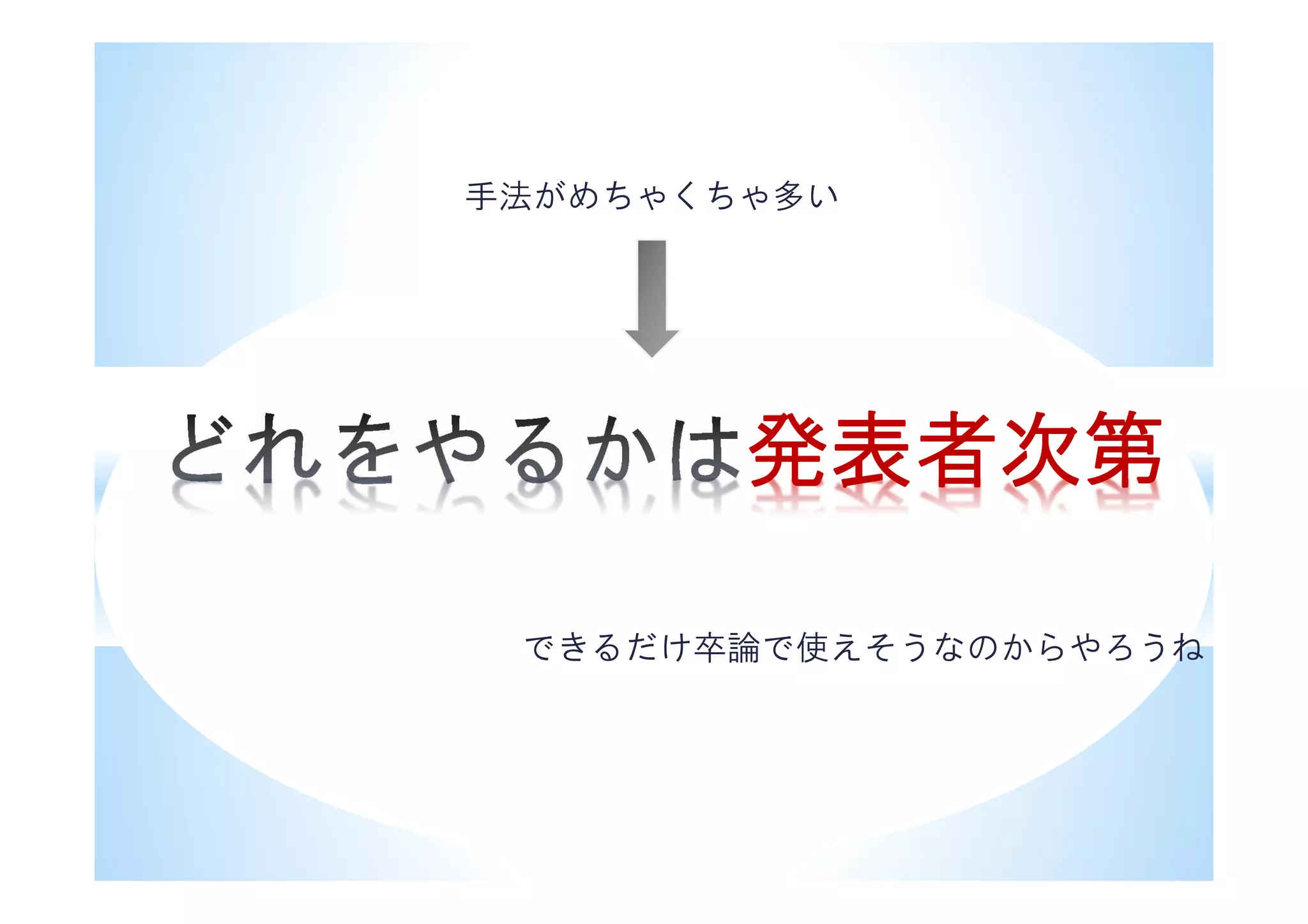 発表者次第
できるだけ卒論で使えそうなのからやろうね
手法がめちゃくちゃ多い
 