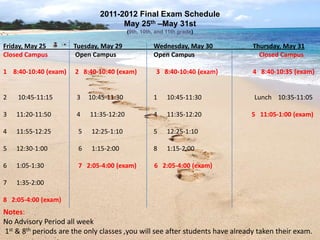 2011-2012 Final Exam Schedule
                                    May 25th –May 31st
                                         (9th, 10th, and 11th grade)

Friday, May 25        Tuesday, May 29              Wednesday, May 30           Thursday, May 31
Closed Campus          Open Campus                 Open Campus                   Closed Campus

1 8:40-10:40 (exam)   2 8:40-10:40 (exam)           3 8:40-10:40 (exam)        4 8:40-10:35 (exam)


2   10:45-11:15        3   10:45-11:30             1     10:45-11:30           Lunch 10:35-11:05

3   11:20-11:50        4   11:35-12:20             4     11:35-12:20          5 11:05-1:00 (exam)

4   11:55-12:25        5    12:25-1:10             5     12:25-1:10

5   12:30-1:00         6    1:15-2:00              8     1:15-2:00

6   1:05-1:30          7 2:05-4:00 (exam)           6 2:05-4:00 (exam)

7   1:35-2:00

8 2:05-4:00 (exam)
Notes:
No Advisory Period all week
1st & 8th periods are the only classes ,you will see after students have already taken their exam.
 