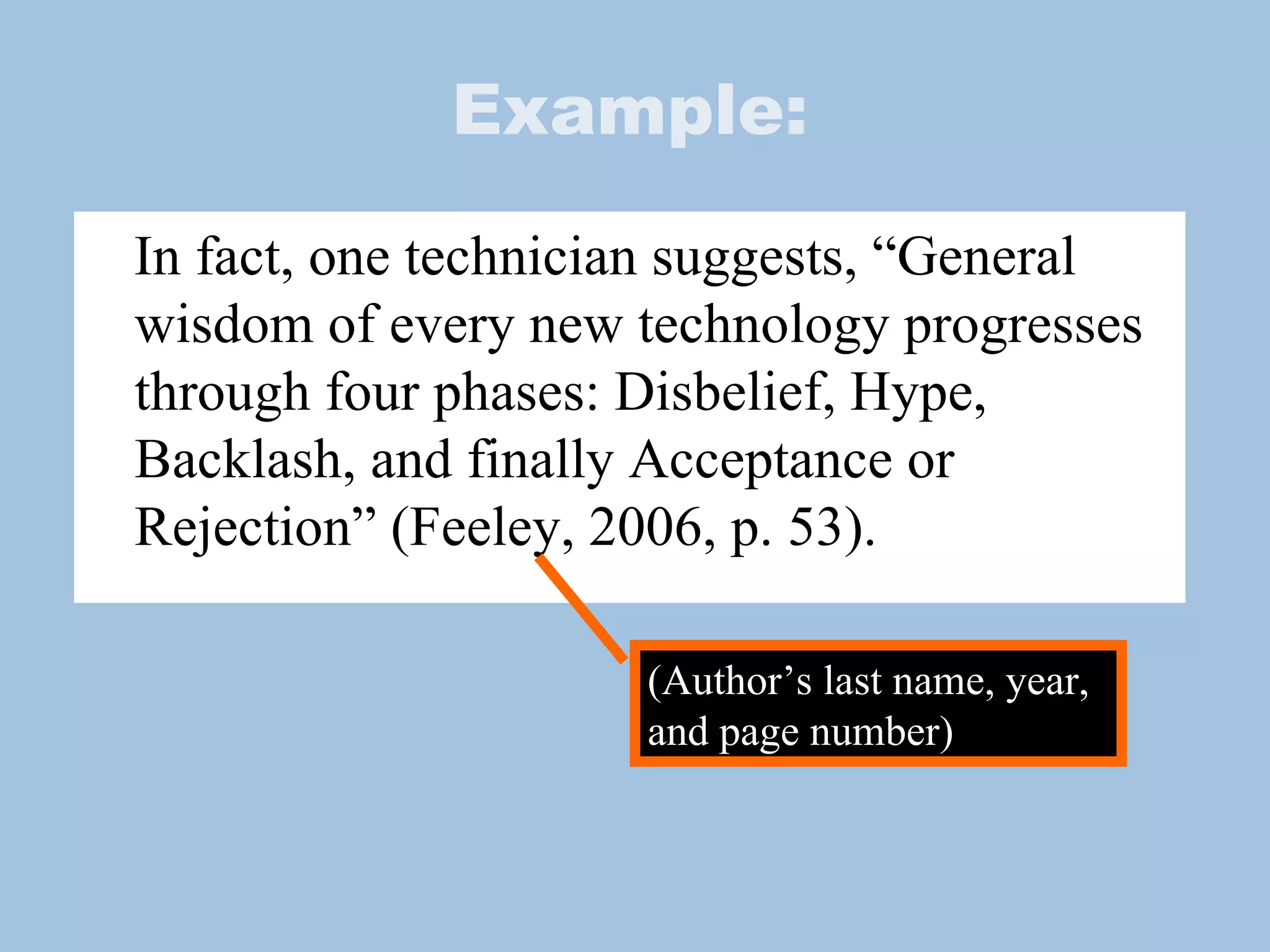 Example: In fact, one technician suggests, “General wisdom of every new technology progresses through four phases: Disbelief, Hype, Backlash, and finally Acceptance or Rejection” (Feeley, 2006, p. 53). (Author’s last name, year, and page number) 