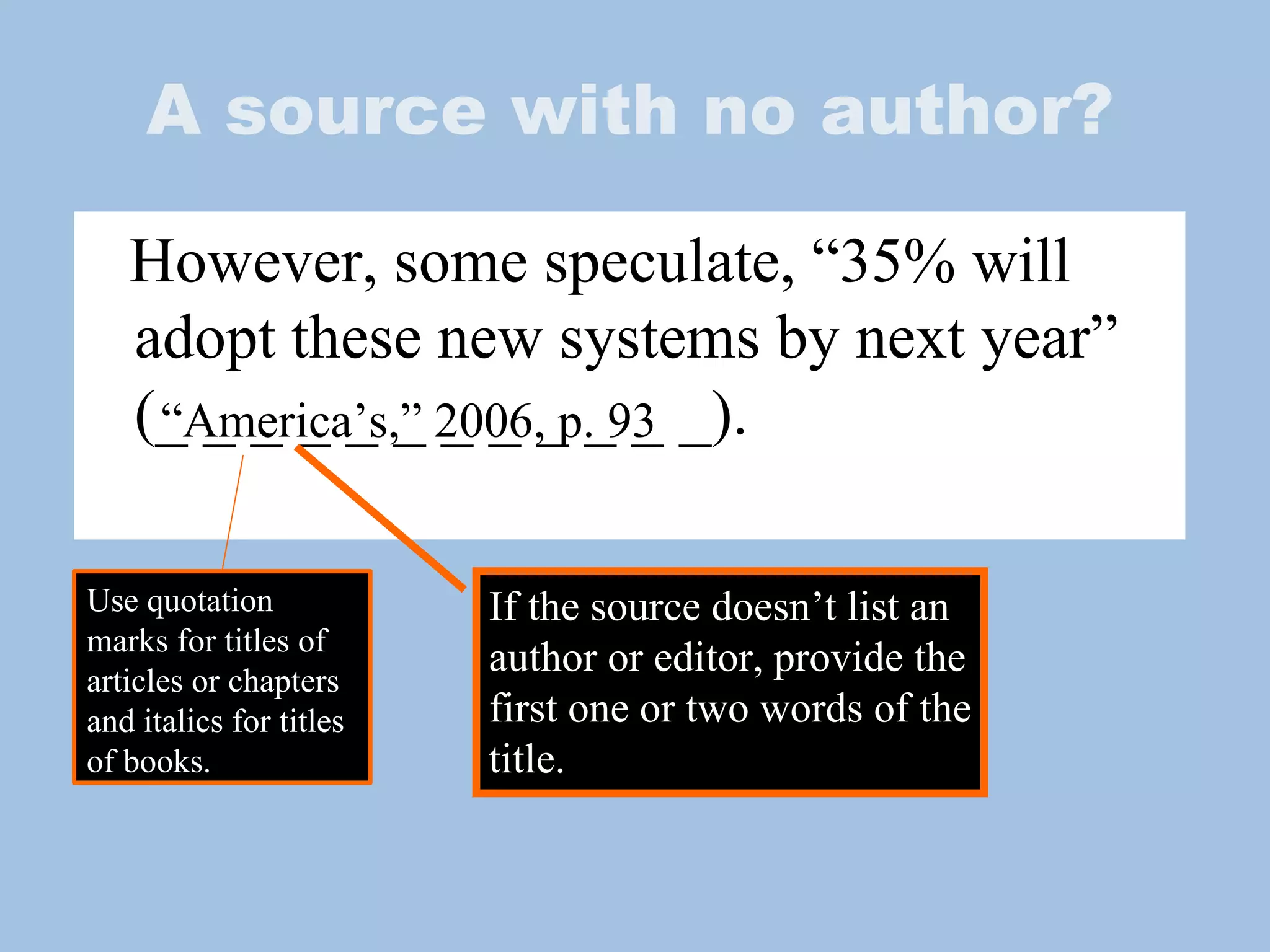 A source with no author? However, some speculate, “35% will adopt these new systems by next year” (_ _ _ _ _ _ _ _ _ _ _ _).  “ America’s,” 2006, p. 93 If the source doesn’t list an author or editor, provide the first one or two words of the title.  Use quotation marks for titles of articles or chapters and italics for titles of books. 