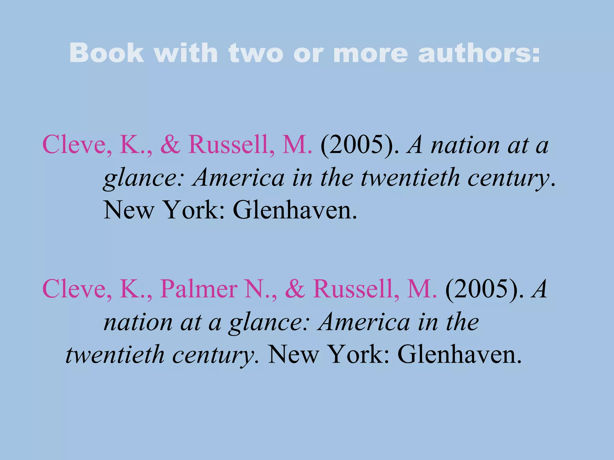 Book with two or more authors: Cleve, K., & Russell, M.   (2005).  A nation at a  glance: America in the twentieth century .  New York: Glenhaven. Cleve, K., Palmer N., & Russell, M.   (2005).  A  nation at a glance: America in the  twentieth century.  New York: Glenhaven. 