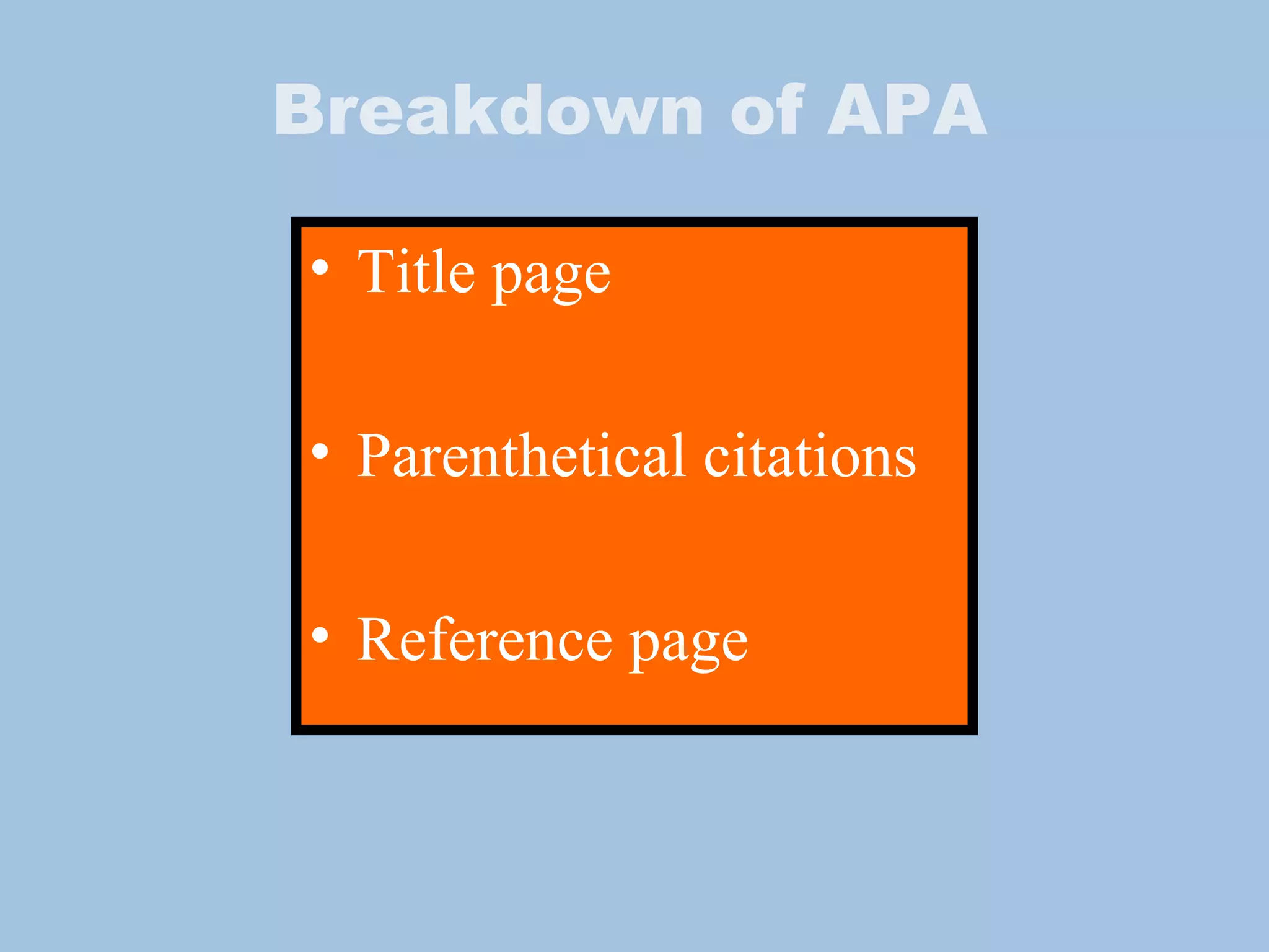 Breakdown of APA Title page Parenthetical citations Reference page 