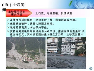 高強度長延時降雨，誘發土砂下移，淤積河道或水庫。 地質構造破碎，遇超大降雨易崩塌。 坡地超限利用，水土保持不佳。 莫拉克颱風後新增崩塌共 39,492 公頃，推估泥砂生產量有 12 億立方公尺，其中坡面殘餘量 8 億立方公尺，土砂流出量 4 億立方公尺 土砂隨同洪水衝向下游 土石流、河道淤積、災情慘重 ( 五 ) 土砂問題 