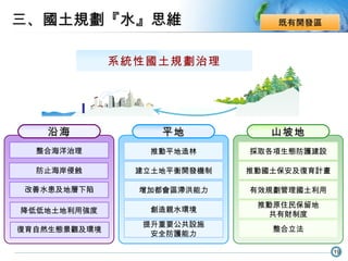 沿海 整合海洋治理 三、 國土規劃『水』思維 系統性國土規劃治理 防止海岸侵蝕 改善水患及地層下陷 降低低地土地利用強度 復育自然生態景觀及環境 山坡地 採取各項生態防護建設 推動國土保安及復育計畫 有效規劃管理國土利用 推動原住民保留地 共有財制度 整合立法 平地 推動平地造林 建立土地平衡開發機制 增加都會區滯洪能力 創造親水環境 提升重要公共設施 安全防護能力 既有開發區 