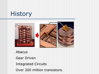 History
Abacus
Gear Driven
Integrated Circuits
Over 200 million transistors.
 
