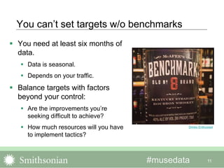 #musedata 11
You can’t set targets w/o benchmarks
 You need at least six months of
data.
 Data is seasonal.
 Depends on your traffic.
 Balance targets with factors
beyond your control:
 Are the improvements you’re
seeking difficult to achieve?
 How much resources will you have
to implement tactics?
Drinks Enthusiast
 