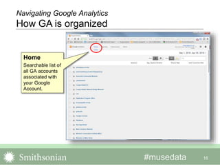 #musedata 16
Navigating Google Analytics
How GA is organized
Home
Searchable list of
all GA accounts
associated with
your Google
Account.
 