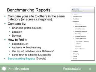 #musedata
Benchmarking Reports!
36
 Compare your site to others in the same
category (or across categories).
 Compare by:
 Channels (traffic sources)
 Location
 Devices
 How to find it:
 Search box, or:
 Audience  Benchmarking
 Use top left pull-down; click ‘Reference’
 Scroll down to ‘Libraries & Museums’
 Benchmarking Reports (Google)
 