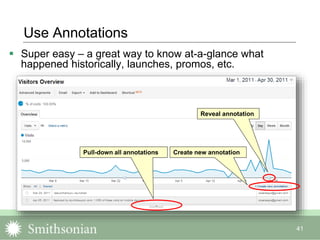 41
Use Annotations
 Super easy – a great way to know at-a-glance what
happened historically, launches, promos, etc.
Create new annotationPull-down all annotations
Reveal annotation
 