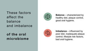 These factors
affect the
balance
and imbalance
of the oral
microbiome
Balance – characterized by
healthy diet, plaque cont...