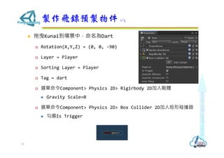 ? ҷKunaiУDart
? Rotation(X,Y,Z) = (0, 0, -90)
? Layer = Player
? Sorting Layer = Player
? Tag = dart
? xComponent> Physics 2D> Rigirbody 2D넂w
? Gravity Scale=0
? xComponent> Physics 2D> Box Collider 2Dײ
? xIs Trigger
uwSAu 1/3
25
 