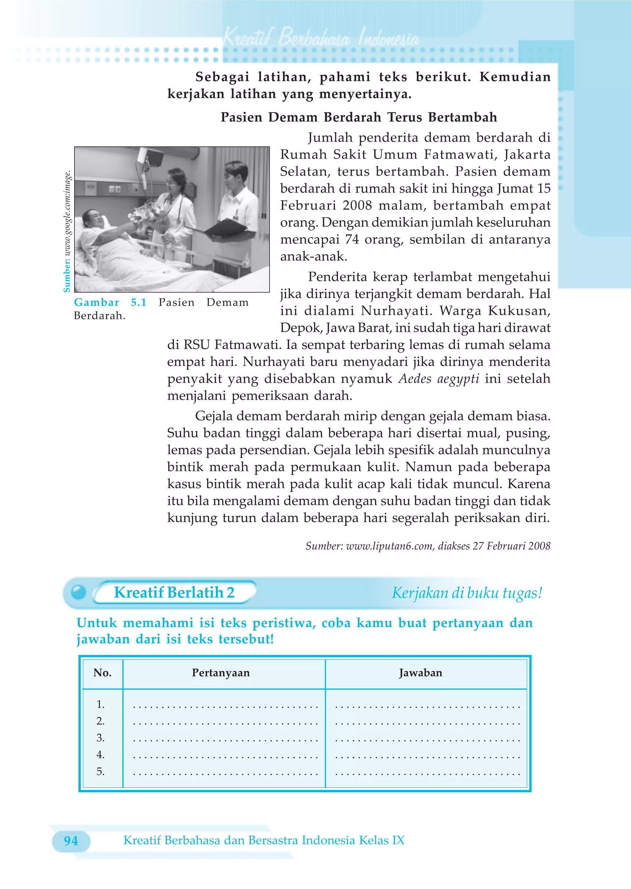 Sebagai latihan, pahami teks berikut. Kemudian
                                                 kerjakan latihan yang menyertainya.
                                                           Pasien Demam Berdarah Terus Bertambah
                                                                       Jumlah penderita demam berdarah di
                                                                   Rumah Sakit Umum Fatmawati, Jakarta
                                                                   Selatan, terus bertambah. Pasien demam
Sumber: www.google.com:image.




                                                                   berdarah di rumah sakit ini hingga Jumat 15
                                                                   Februari 2008 malam, bertambah empat
                                                                   orang. Dengan demikian jumlah keseluruhan
                                                                   mencapai 74 orang, sembilan di antaranya
                                                                   anak-anak.
                                                                  Penderita kerap terlambat mengetahui
                                                             jika dirinya terjangkit demam berdarah. Hal
                                Gambar 5.1 Pasien Demam
                                Berdarah.                    ini dialami Nurhayati. Warga Kukusan,
                                                             Depok, Jawa Barat, ini sudah tiga hari dirawat
                                            di RSU Fatmawati. Ia sempat terbaring lemas di rumah selama
                                            empat hari. Nurhayati baru menyadari jika dirinya menderita
                                            penyakit yang disebabkan nyamuk Aedes aegypti ini setelah
                                            menjalani pemeriksaan darah.
                                                      Gejala demam berdarah mirip dengan gejala demam biasa.
                                                 Suhu badan tinggi dalam beberapa hari disertai mual, pusing,
                                                 lemas pada persendian. Gejala lebih spesifik adalah munculnya
                                                 bintik merah pada permukaan kulit. Namun pada beberapa
                                                 kasus bintik merah pada kulit acap kali tidak muncul. Karena
                                                 itu bila mengalami demam dengan suhu badan tinggi dan tidak
                                                 kunjung turun dalam beberapa hari segeralah periksakan diri.

                                                                          Sumber: www.liputan6.com, diakses 27 Februari 2008



                                         Kreatif Berlatih 2                                Kerjakan di buku tugas!
                                Untuk memahami isi teks peristiwa, coba kamu buat pertanyaan dan
                                jawaban dari isi teks tersebut!

                                   No.                Pertanyaan                             Jawaban

                                   1.      .................................    .................................
                                   2.      .................................    .................................
                                   3.      .................................    .................................
                                   4.      .................................    .................................
                                   5.      .................................    .................................




 94                                       Kreatif Berbahasa dan Bersastra Indonesia Kelas IX
 
