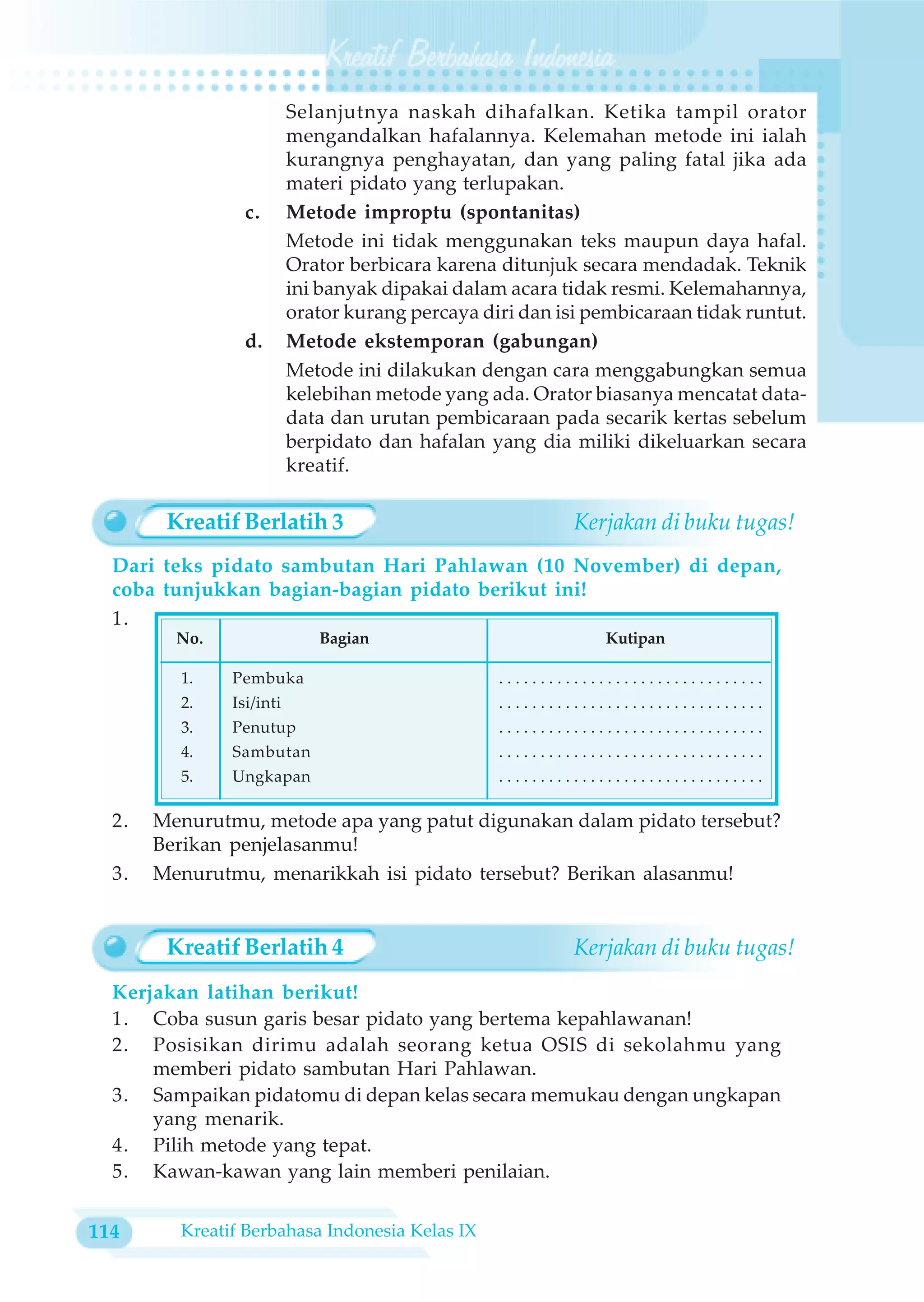 Selanjutnya naskah dihafalkan. Ketika tampil orator
                          mengandalkan hafalannya. Kelemahan metode ini ialah
                          kurangnya penghayatan, dan yang paling fatal jika ada
                          materi pidato yang terlupakan.
                 c.       Metode improptu (spontanitas)
                          Metode ini tidak menggunakan teks maupun daya hafal.
                          Orator berbicara karena ditunjuk secara mendadak. Teknik
                          ini banyak dipakai dalam acara tidak resmi. Kelemahannya,
                          orator kurang percaya diri dan isi pembicaraan tidak runtut.
                 d.       Metode ekstemporan (gabungan)
                          Metode ini dilakukan dengan cara menggabungkan semua
                          kelebihan metode yang ada. Orator biasanya mencatat data-
                          data dan urutan pembicaraan pada secarik kertas sebelum
                          berpidato dan hafalan yang dia miliki dikeluarkan secara
                          kreatif.

        Kreatif Berlatih 3                                 Kerjakan di buku tugas!
  Dari teks pidato sambutan Hari Pahlawan (10 November) di depan,
  coba tunjukkan bagian-bagian pidato berikut ini!
  1.
         No.                 Bagian                           Kutipan

         1.    Pembuka                            ................................
         2.    Isi/inti                           ................................
         3.    Penutup                            ................................
         4.    Sambutan                           ................................
         5.    Ungkapan                           ................................

  2.   Menurutmu, metode apa yang patut digunakan dalam pidato tersebut?
       Berikan penjelasanmu!
  3.   Menurutmu, menarikkah isi pidato tersebut? Berikan alasanmu!


        Kreatif Berlatih 4                                 Kerjakan di buku tugas!
  Kerjakan latihan berikut!
  1. Coba susun garis besar pidato yang bertema kepahlawanan!
  2. Posisikan dirimu adalah seorang ketua OSIS di sekolahmu yang
      memberi pidato sambutan Hari Pahlawan.
  3. Sampaikan pidatomu di depan kelas secara memukau dengan ungkapan
      yang menarik.
  4. Pilih metode yang tepat.
  5. Kawan-kawan yang lain memberi penilaian.


114      Kreatif Berbahasa Indonesia Kelas IX
 