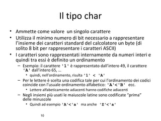 Il tipo char
• Ammette come valore un singolo carattere
• Utilizza il minimo numero di bit necessario a rappresentare
l’insieme dei caratteri standard del calcolatore un byte (di
solito 8 bit per rappresentare i caratteri ASCII)
• I caratteri sono rappresentati internamente da numeri interi e
quindi tra essi è definito un ordinamento
– Esempio: il carattere '1' è rappresentato dall’intero 49, il carattere
'A' dall’intero 65, …
• quindi, nell’ordinamento, risulta '1' < 'A'

– Per le lettere è scelta una codifica tale per cui l’ordinamento dei codici
coincide con l’usuale ordinamento alfabetico: 'A'<'B' ecc.
• Lettere alfabeticamente adiacenti hanno codifiche adiacenti

– Negli insiemi più usati le maiuscole latine sono codificate “prima”
delle minuscole
• Quindi ad esempio 'A'<'a' ma anche 'Z'<'a'
10

 
