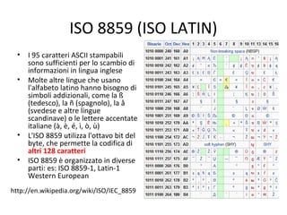 ISO 8859 (ISO LATIN)
•
•

•
•

I 95 caratteri ASCII stampabili
sono sufficienti per lo scambio di
informazioni in lingua inglese
Molte altre lingue che usano
l'alfabeto latino hanno bisogno di
simboli addizionali, come la ß
(tedesco), la ñ (spagnolo), la å
(svedese e altre lingue
scandinave) o le lettere accentate
italiane (à, è, é, ì, ò, ù)
L'ISO 8859 utilizza l'ottavo bit del
byte, che permette la codifica di
altri 128 caratteri
ISO 8859 è organizzato in diverse
parti: es: ISO 8859-1, Latin-1
Western European

http://en.wikipedia.org/wiki/ISO/IEC_8859

 