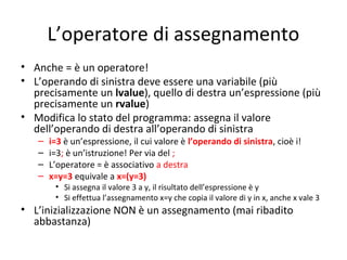 L’operatore di assegnamento
• Anche = è un operatore!
• L’operando di sinistra deve essere una variabile (più
precisamente un lvalue), quello di destra un’espressione (più
precisamente un rvalue)
• Modifica lo stato del programma: assegna il valore
dell’operando di destra all’operando di sinistra
–
–
–
–

i=3 è un’espressione, il cui valore è l’operando di sinistra, cioè i!
i=3; è un’istruzione! Per via del ;
L’operatore = è associativo a destra
x=y=3 equivale a x=(y=3)

• Si assegna il valore 3 a y, il risultato dell’espressione è y
• Si effettua l’assegnamento x=y che copia il valore di y in x, anche x vale 3

• L’inizializzazione NON è un assegnamento (mai ribadito
abbastanza)

 