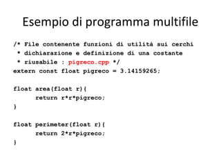Esempio di programma multifile
/* File contenente funzioni di utilità sui cerchi
* dichiarazione e definizione di una costante
* riusabile : pigreco.cpp */
extern const float pigreco = 3.14159265;
float area(float r){
return r*r*pigreco;
}
float perimeter(float r){
return 2*r*pigreco;
}

 