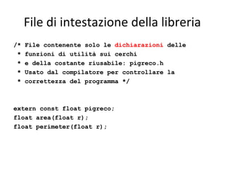 File di intestazione della libreria
/*
*
*
*
*

File contenente solo le dichiarazioni delle
funzioni di utilità sui cerchi
e della costante riusabile: pigreco.h
Usato dal compilatore per controllare la
correttezza del programma */

extern const float pigreco;
float area(float r);
float perimeter(float r);

 