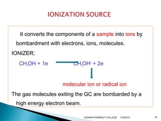It converts the components of a sample into ions by 
bombardment with electrons, ions, molecules. 
IONIZER; 
CH3OH + 1e CH3OH+ + 2e 
molecular ion or radical ion 
The gas molecules exiting the GC are bombarded by a 
high energy electron beam. 
VIGNAN PHARMACY COLLEGE 13/9/2014 34 
 