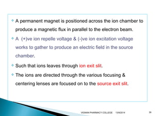  A permanent magnet is positioned across the ion chamber to 
produce a magnetic flux in parallel to the electron beam. 
 A (+)ve ion repelle voltage & (-)ve ion excitation voltage 
works to gather to produce an electric field in the source 
chamber. 
 Such that ions leaves through ion exit slit. 
 The ions are directed through the various focusing & 
centering lenses are focused on to the source exit slit. 
VIGNAN PHARMACY COLLEGE 13/9/2014 39 
 