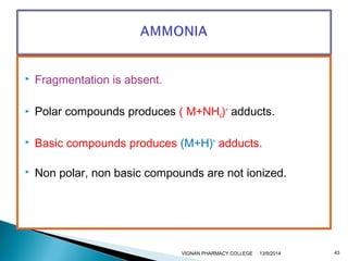  Fragmentation is absent. 
 Polar compounds produces ( M+NH4)+ adducts. 
 Basic compounds produces (M+H)+ adducts. 
 Non polar, non basic compounds are not ionized. 
VIGNAN PHARMACY COLLEGE 13/9/2014 43 
 