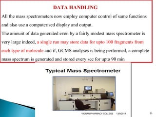 DATA HANDLING 
All the mass spectrometers now employ computer control of same functions 
and also use a computerised display and output. 
The amount of data generated even by a fairly modest mass spectrometer is 
very large indeed, a single run may store data for upto 100 fragments from 
each type of molecule and if, GCMS analyses is being performed, a complete 
mass spectrum is generated and stored every sec for upto 90 min 
VIGNAN PHARMACY COLLEGE 13/9/2014 53 
 