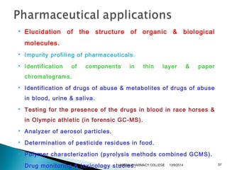  Elucidation of the structure of organic & biological 
molecules. 
 Impurity profiling of pharmaceuticals. 
 Identification of components in thin layer & paper 
chromatograms. 
 Identification of drugs of abuse & metabolites of drugs of abuse 
in blood, urine & saliva. 
 Testing for the presence of the drugs in blood in race horses & 
in Olympic athletic (in forensic GC-MS). 
 Analyzer of aerosol particles. 
 Determination of pesticide residues in food. 
 Polymer characterization (pyrolysis methods combined GCMS). 
 Drug monitoring & toxicology studies. 
VIGNAN PHARMACY COLLEGE 13/9/2014 57 
 