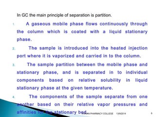 In GC the main principle of separation is partition. 
1. A gaseous mobile phase flows continuously through 
the column which is coated with a liquid stationary 
phase. 
2. The sample is introduced into the heated injection 
port where it is vaporized and carried in to the column. 
3. The sample partition between the mobile phase and 
stationary phase, and is separated in to individual 
components based on relative solubility in liquid 
stationary phase at the given temperature. 
4. The components of the sample separate from one 
another based on their relative vapor pressures and 
affinities for the stationary bed. 
VIGNAN PHARMACY COLLEGE 13/9/2014 6 
 