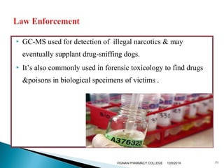  GC-MS used for detection of illegal narcotics & may 
eventually supplant drug-sniffing dogs. 
 It’s also commonly used in forensic toxicology to find drugs 
&poisons in biological specimens of victims . 
VIGNAN PHARMACY COLLEGE 13/9/2014 71 
 