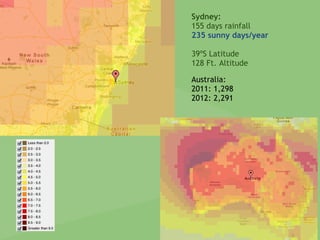 Sydney:
155 days rainfall
235 sunny days/year
39ºS Latitude
128 Ft. Altitude
Australia:
2011: 1,298
2012: 2,291
 