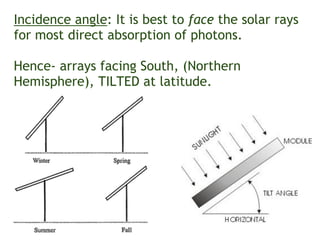 Incidence angle: It is best to face the solar rays
for most direct absorption of photons.
Hence- arrays facing South, (Northern
Hemisphere), TILTED at latitude.
 