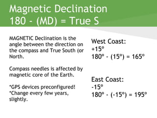 Magnetic Declination
180 - (MD) = True S
MAGNETIC Declination is the
angle between the direction on
the compass and True South (or
North.
Compass needles is affected by
magnetic core of the Earth.
*GPS devices preconfigured!
*Change every few years,
slightly.
West Coast:
+15º
180º - (15º) = 165º
East Coast:
-15º
180º - (-15º) = 195º
 