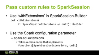 Pass custom rules to SparkSession
•  Use ‘withExtensions’ in SparkSession.Builder
	def	withExtensions(	
								f:	SparkSe...