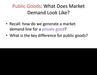 Public Goods: What Does Market
Demand Look Like?
• Recall: how do we generate a market
demand line for a private good?
• What is the key difference for public goods?
 