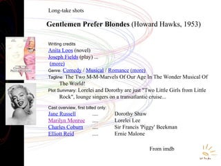 Gentlemen Prefer Blondes   (Howard Hawks, 1953) Writing credits   Anita Loos  (novel) Joseph Fields  (play) ...   (more) Genre:   Comedy  /  Musical  /  Romance   (more)   Tagline:  The Two M-M-Marvels Of Our Age In The Wonder Musical Of The World!  Plot Summary:  Lorelei and Dorothy are just "Two Little Girls from Little Rock", lounge singers on a transatlantic cruise...  Cast overview, first billed only:  Jane Russell ....  Dorothy Shaw Marilyn Monroe ....  Lorelei Lee Charles Coburn ....  Sir Francis 'Piggy' Beekman Elliott Reid ....  Ernie Malone From imdb Long-take shots 