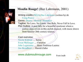 Moulin Rouge!   (Baz Luhrmann, 2001) Writing credits  ( WGA )  Baz Luhrmann  (written by) & Craig Pearce   Genre:   Drama  /  Musical  /  Romance   Tagline:  No Laws. No Limits. One Rule. Never Fall In Love.  Plot Outline:  A poet falls for a beautiful courtesan whom a jealous duke covets in this stylish musical, with music drawn from familiar 20th century sources.  Cast overview:  Nicole Kidman  .... Satine Ewan McGregor  .... Christian John Leguizamo  .... Henri Toulouse-Lautrec Jim Broadbent  .... Harold Zidler www.club moulinrouge .com From imdb 