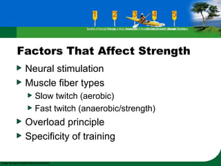 Factors That Affect Strength
Neural stimulation
Muscle fiber types
Slow twitch (aerobic)
Fast twitch (anaerobic/strength)
Overload principle
Specificity of training
Benefits of Strength TrainingChanges in Body CompositionAssessment of Muscular Strength and EndurancePrinciples Involved in Strength TrainingExercise Guidelines
 