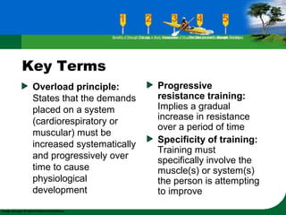 Key Terms
Overload principle:
States that the demands
placed on a system
(cardiorespiratory or
muscular) must be
increased systematically
and progressively over
time to cause
physiological
development
Progressive
resistance training:
Implies a gradual
increase in resistance
over a period of time
Specificity of training:
Training must
specifically involve the
muscle(s) or system(s)
the person is attempting
to improve
Benefits of Strength TrainingChanges in Body CompositionAssessment of Muscular Strength and EndurancePrinciples Involved in Strength TrainingExercise Guidelines
 