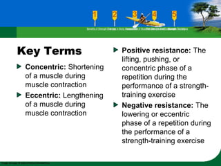 Key Terms
Concentric: Shortening
of a muscle during
muscle contraction
Eccentric: Lengthening
of a muscle during
muscle contraction
Positive resistance: The
lifting, pushing, or
concentric phase of a
repetition during the
performance of a strength-
training exercise
Negative resistance: The
lowering or eccentric
phase of a repetition during
the performance of a
strength-training exercise
Benefits of Strength TrainingChanges in Body CompositionAssessment of Muscular Strength and EndurancePrinciples Involved in Strength TrainingExercise Guidelines
 