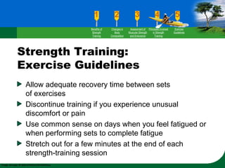 Strength Training:
Exercise Guidelines
Allow adequate recovery time between sets
of exercises
Discontinue training if you experience unusual
discomfort or pain
Use common sense on days when you feel fatigued or
when performing sets to complete fatigue
Stretch out for a few minutes at the end of each
strength-training session
Benefits of
Strength
Training
Changes in
Body
Composition
Assessment of
Muscular Strength
and Endurance
Principles Involved
in Strength
Training
Exercise
Guidelines
 