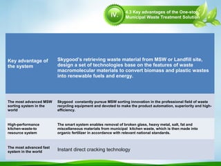 4.3 Key advantages of the One-stop
Municipal Waste Treatment Solution
Key advantage of
the system
Skygood’s retrieving waste material from MSW or Landfill site,
design a set of technologies base on the features of waste
macromolecular materials to convert biomass and plastic wastes
into renewable fuels and energy.
The most advanced MSW
sorting system in the
world
Skygood constantly pursue MSW sorting innovation in the professional field of waste
recycling equipment and devoted to make the product automation, superiority and high-
efficiency.
High-performance
kitchen-waste-to
resource system
The smart system enables removal of broken glass, heavy metal, salt, fat and
miscellaneous materials from municipal kitchen waste, which is then made into
organic fertilizer in accordance with relevant national standards.
The most advanced fast
system in the world Instant direct cracking technology
IV.
 