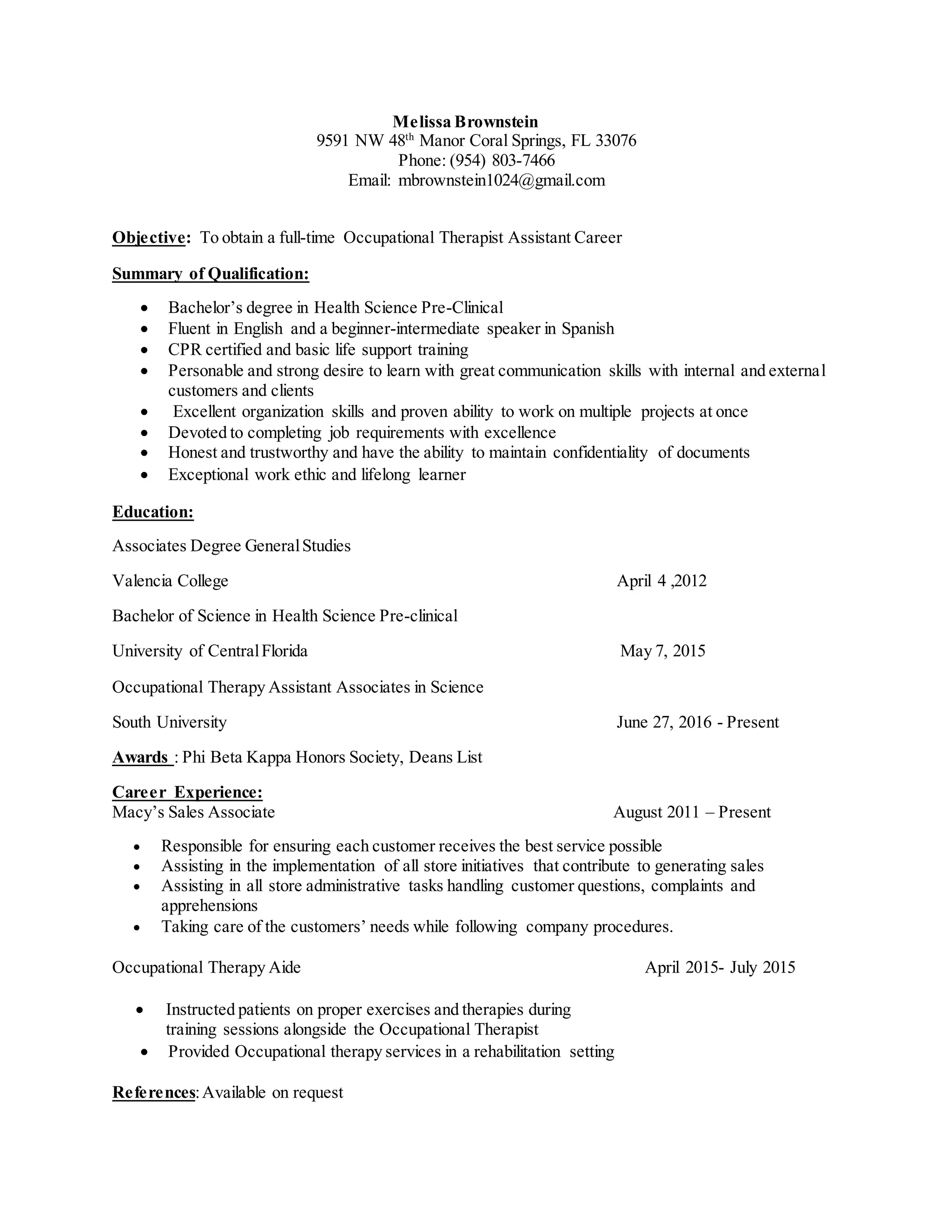 resume for occupational therapy assistant PDF