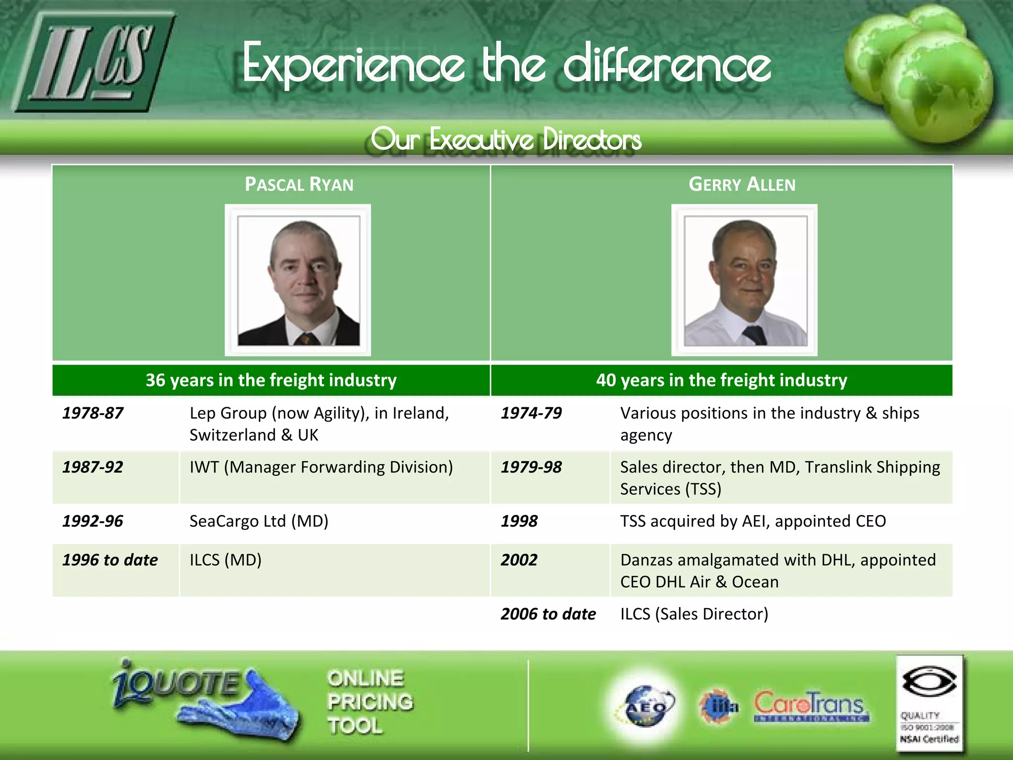 PASCAL RYAN GERRY ALLEN
36 years in the freight industry 40 years in the freight industry
1978-87 Lep Group (now Agility), in Ireland,
Switzerland & UK
1974-79 Various positions in the industry & ships
agency
1987-92 IWT (Manager Forwarding Division) 1979-98 Sales director, then MD, Translink Shipping
Services (TSS)
1992-96 SeaCargo Ltd (MD) 1998 TSS acquired by AEI, appointed CEO
1996 to date ILCS (MD) 2002 Danzas amalgamated with DHL, appointed
CEO DHL Air & Ocean
2006 to date ILCS (Sales Director)
 